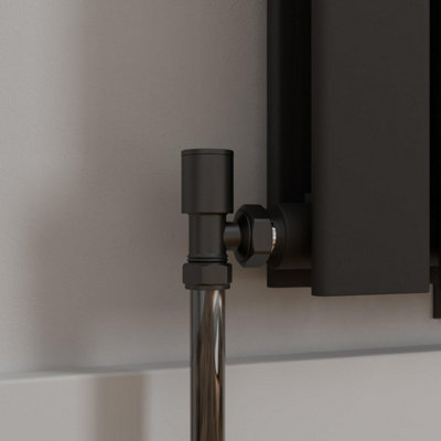 RadiLux Modern Angled Heated Towel Rail Radiator Valves Pair 15mm Black Round Manual