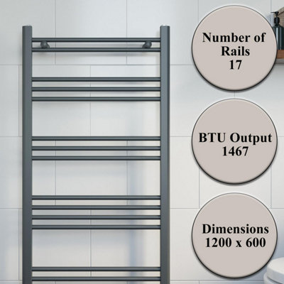 RadiLux Modern Bathroom 1200 x 600mm Heated Towel Rail Radiator Straight Anthracite Flat