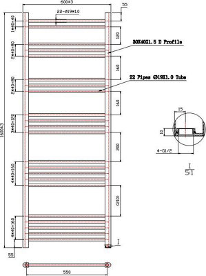 RadiLux Modern Bathroom 1600 x 600mm Heated Towel Rail Radiator Straight Chrome 22 Rails