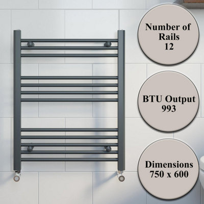 RadiLux Modern Bathroom 750 x 600mm Heated Towel Rail Radiator Straight Anthracite Flat