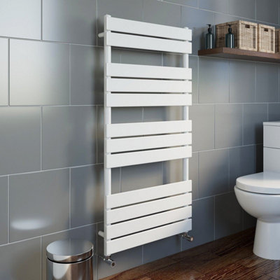 RadiLux Modern Flat Panel Heated Towel Rail Radiator White 1200 x 600mm Angled Valves
