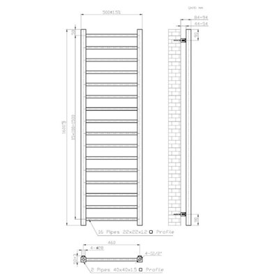 RadiLux Square Bar Heated Towel Rail Anthracite - 1600 x 500mm