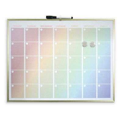 Rainbow-Effect Magnetic Dry Erase Board with Gold Metal Frame - Day & Month Planner Whiteboard for Home or Office - H43 x W58cm