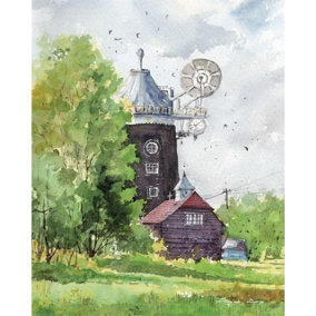 Rajan Dey Wray Common Windmill Surrey Framed Canvas Print Green/Blue/Brown (40cm x 50cm)
