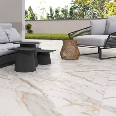 RAK 60x120 20mm Calacatta Gold White Matt Smooth Unglazed Marble Effect Porcelain Outdoor Paving Tile - 0.72m² Pack of 1