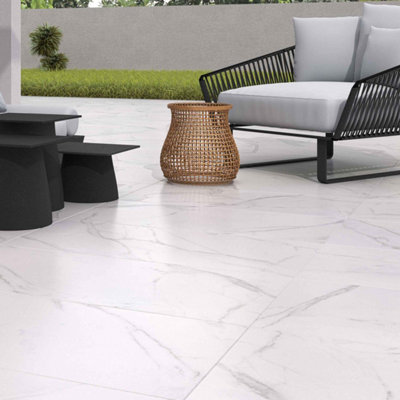 RAK 60x120 20mm Calacatta Grey Grey Matt Smooth Unglazed Marble Effect Porcelain Outdoor Paving Tile - 21.6m² Pack of 30