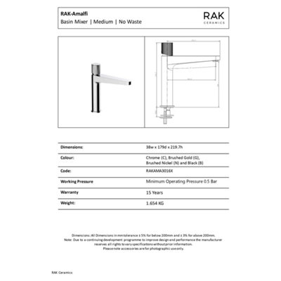RAK Amalfi Mid Height Matt Black Modern Basin Mixer Tap Solid Brass