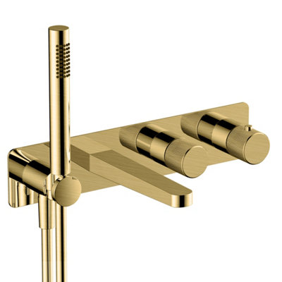 RAK Amalfi Thermostatic Concealed Dual Outlet Shower Valve, Handset and Bath Spout - Brushed Gold