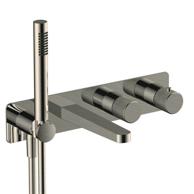 RAK Amalfi Thermostatic Concealed Dual Outlet Shower Valve, Handset and Bath Spout - Brushed Nickel