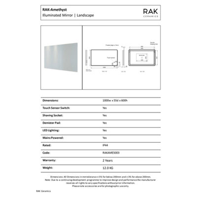 RAK Amethyst 1000x600mm Silvery White Square with Touch Sensor Illuminated Mirror IP44