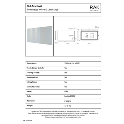 RAK Amethyst 1200x600mm Silvery White Square with Touch Sensor Illuminated Mirror IP44