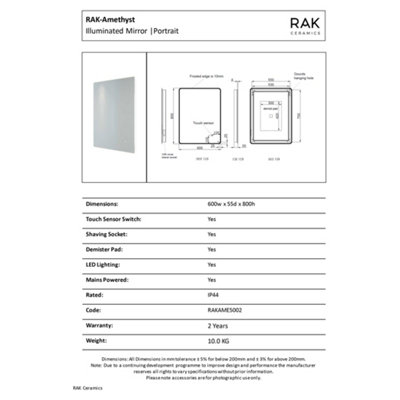 RAK Amethyst 600x800mm Silvery White Square with Touch Sensor Illuminated Mirror IP44