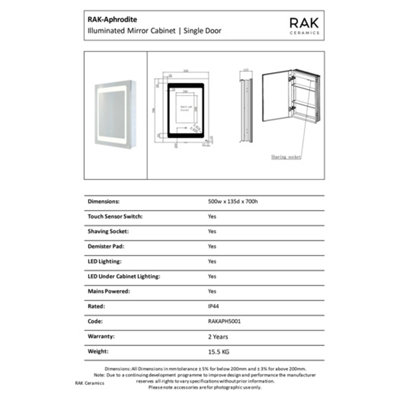 RAK Aphrodite 500x700mm Silvery White Square with Touch Sensor Illuminated Mirror Cabinet IP44