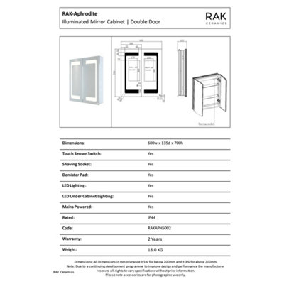 RAK Aphrodite 600x700mm Silvery White Square with Touch Sensor Illuminated Mirror Cabinet IP44