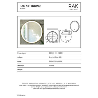 RAK Art Round 600x600 Brushed Gold Round Touch Sensor Illuminated Mirror IP44