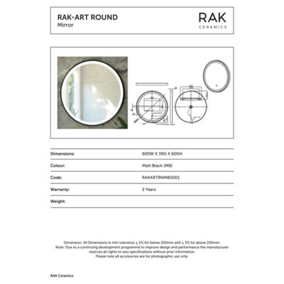RAK Art Round 600x600mm Matt Black Round Touch Sensor Illuminated Mirror IP44
