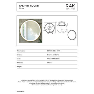 RAK Art Round 800x800 Brushed Gold Round Touch Sensor Illuminated Mirror IP44
