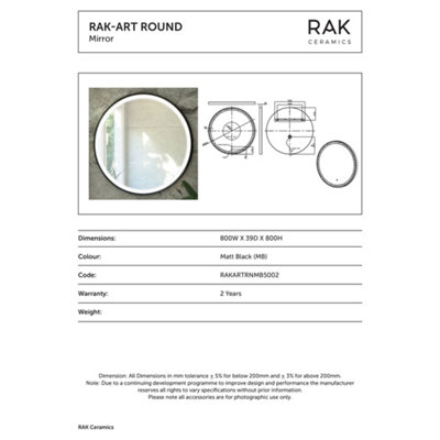 RAK Art Round 800x800mm Matt Black Round Touch Sensor Illuminated Mirror IP44