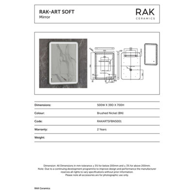 RAK Art Soft 500x700mm Brushed Nickel Square with Touch Sensor Illuminated Mirror IP44