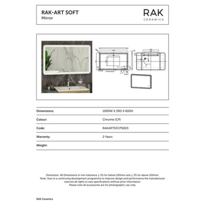 RAK Art Soft 600x1000mm Chrome Square with Touch Sensor Illuminated Mirror IP44