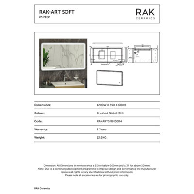 RAK Art Soft 600x1200mm Brushed Nickel Square with Touch Sensor Illuminated Mirror IP44