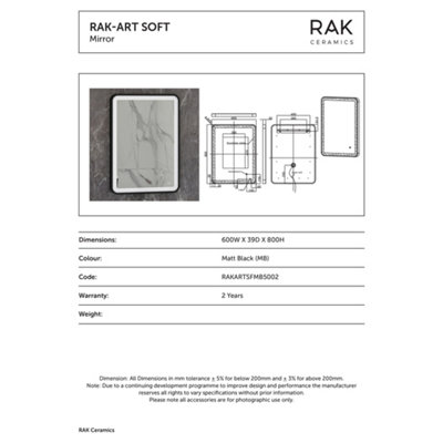RAK Art Soft 600x800 Matt Black Square with Touch Sensor Illuminated Mirror IP44