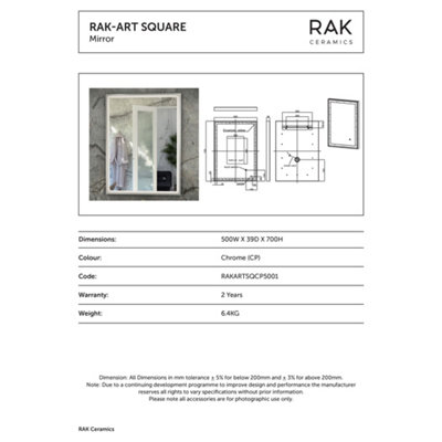 RAK Art Square 500x700mm Chrome Square with Touch Sensor Illuminated Mirror IP44