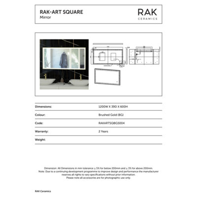 RAK Art Square 600x1200mm Brushed Gold Square with Touch Sensor Illuminated Mirror IP44