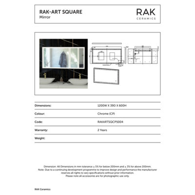 RAK Art Square 600x1200mm Chrome Square with Touch Sensor Illuminated Mirror IP44