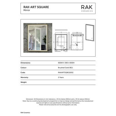 RAK Art Square 600x800mm Brushed Gold Square with Touch Sensor Illuminated Mirror IP44