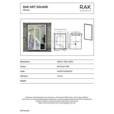 RAK Art Square 600x800mm Matt Black Square with Touch Sensor Illuminated Mirror IP44