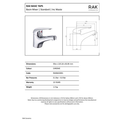 RAK Basic Basin Mono Mixer Tap - Polished Chrome, Solid Brass, Inc ...