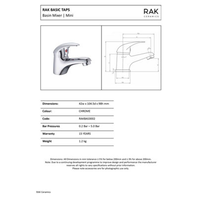 RAK Basic Mini Mono Basin Mixer Tap - Polished Chrome Solid Brass for ...