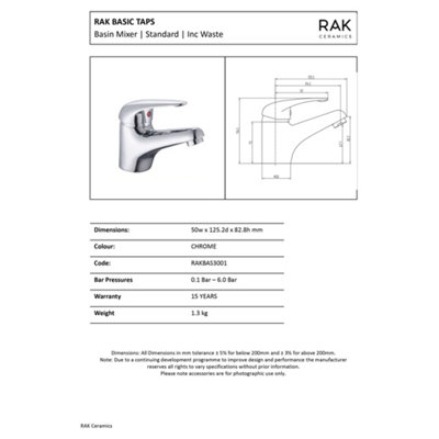 RAK Basic Polished Chrome Modern Basin Cloakroom Sink Mixer Tap Solid Brass