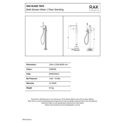 RAK Blade Polished Chrome Freestanding Bath Shower Mixer Tap Solid Brass
