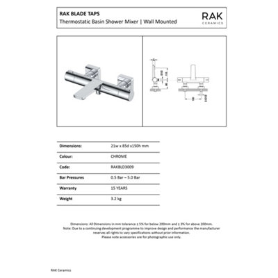 RAK Blade Polished Chrome Wall Mounted Exposed Thermostatic Bath Shower Mixer