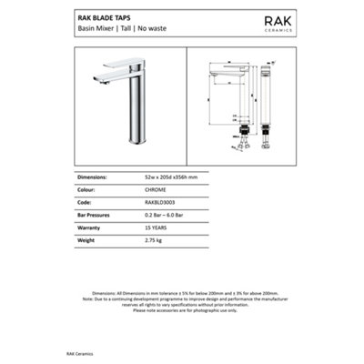 RAK Blade Tall Polished Chrome Modern Basin Tap Solid Brass