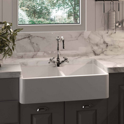 RAK Ceramics Gourmet 10 Belfast Double Bowl Fireclay Undermount Kitchen Sink - White