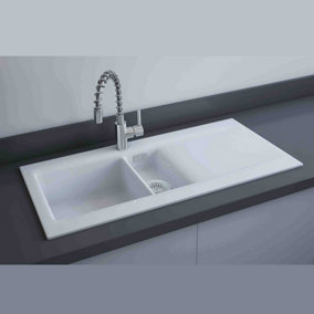 RAK Ceramics Gourmet Dream 1 White Ceramic Kitchen Sink 1.5 Bowl Reversible Drainer 1010mm x 510mm