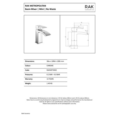 RAK Ceramics Metropolitan Mini Basin Mixer Tap, Polished Chrome, Solid Brass, Single Lever