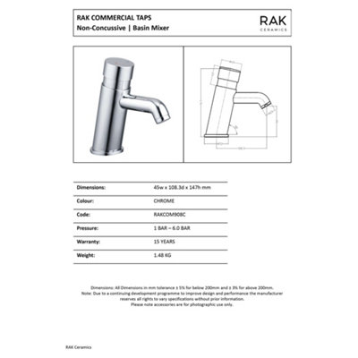 RAK Commercial Non Concussive Polished Chrome Modern Basin Sink Mixer Tap Solid Brass