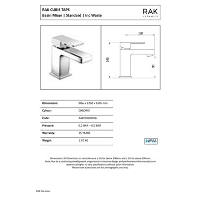 RAK Cubis Polished Chrome Modern Basin Sink Mixer Tap Solid Brass