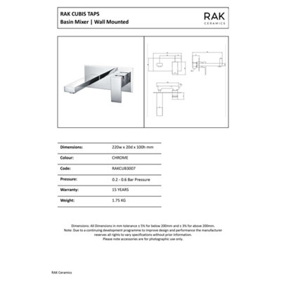 RAK Cubis Polished Chrome Modern Basin Wall Mounted Sink Mixer Tap Solid Brass
