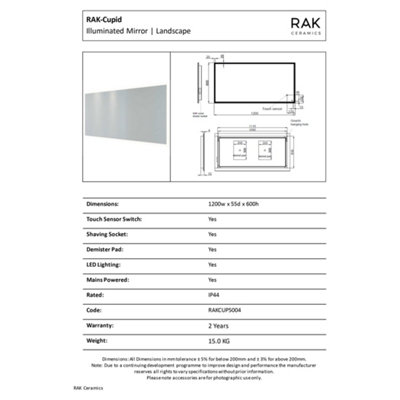 RAK Cupid 1200x600mm Silvery White Square with Touch Sensor Illuminated Mirror IP44