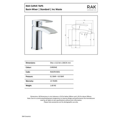 RAK Curve Polished Chrome Modern Basin Sink Mixer Tap Solid Brass