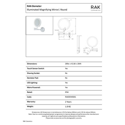 RAK Demeter 258x319mm Chrome Round Touch Sensor Illuminated Mirror IP44