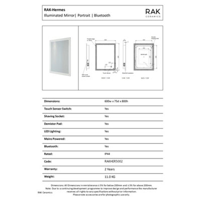 RAK Hermes 600x800mm Silvery White Square with Touch Sensor Illuminated Mirror IP44