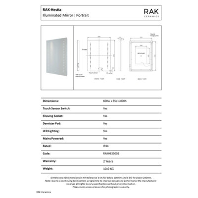 RAK Hestia 600x800mm Silvery White Square with Touch Sensor Illuminated Mirror IP44