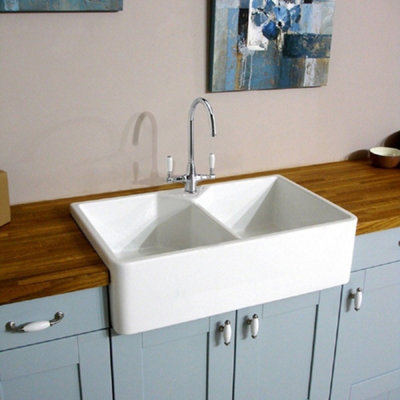 RAK Jacklyn 2-Bowl Gloss White Ceramic Belfast Butler Sink - Sit-on, 800 x 500 x 220 mm