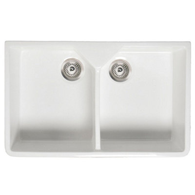 RAK Jacklyn 2-Bowl Gloss White Ceramic Belfast Butler Sink - Sit-on, 800 x 500 x 220 mm